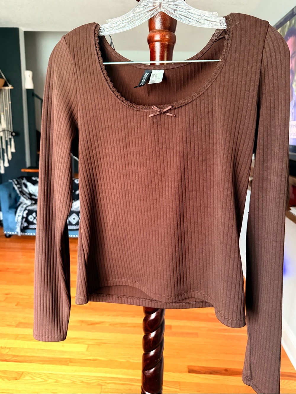 H&M Brown Ribbed Long-Sleeve Scoop Neck Top with Bow